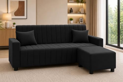 Image of Rosebell Three Seater Sofa Set with Ottoman | Living Room Couch | with Printed Cushions | Sofa for Home, Apartment & Office-Black Color