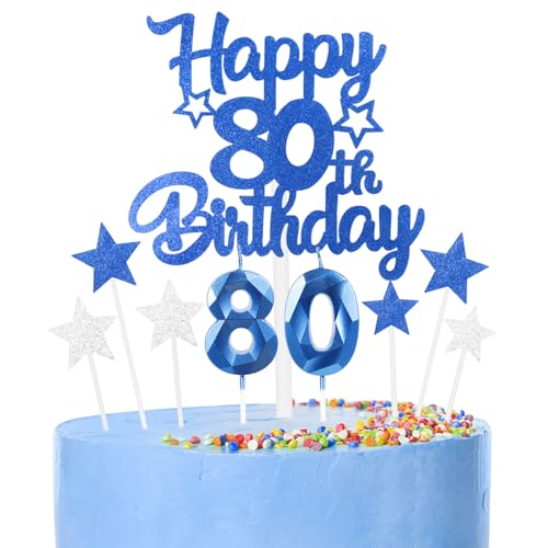 Décoration Bleu Gâteau 80 Ans Anniversaire,9 Pièces Cake Topper 80 Ans,Bougies, Étoiles & Cœurs pour Cupcakes Décoration de Gâteau pour Femmes/Homme