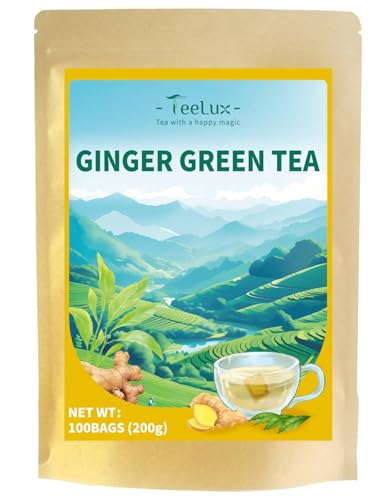 Image of TeeLux Ginger Green Tea Bags, Spicy & Warm Flavor, Low Caffeine, 100 Count