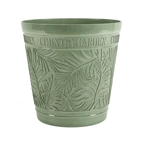 Image of Muddy Hands Large Outdoor Garden Planter Pot with Embossed Leaf Design | Decorative Plastic Plant Pot for Flowers, Shrubs & Patio Plants | Country Garden Style Planter Container (Green, 35 Litre)