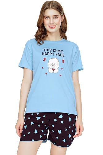 Image of ZEYO Night Suit for Women's Typography Printed Cotton Night Dress of Top and Shorts