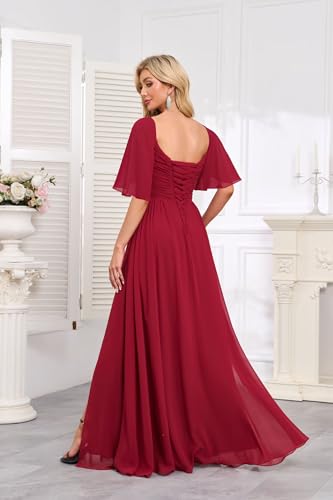 Women's Flutter Sleeves Chiffon Bridesmaid Dresses with Slit Long A Line V-Neck Formal Party Dress with Pockets2