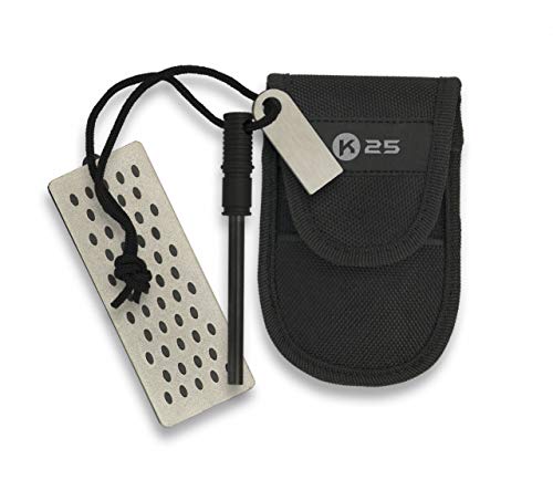 Kit de Supervivencia con Funda K25 Incluye Funda, afilador y pedernal Militar, tactica, Militar, policial Caza, Pesca, Camping, Outdoor, Supervivencia y Bushcraft K25 34597 + Portabotellas de regalo