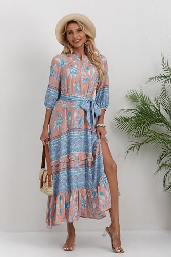 Image of Women Boho High-Waist Floral Print Maxi Dress 3 /4 Sleeve Casual | Soft Rayon, Breathable, Quick-Dry. High-Waist with Adjustable Belt, Flattering Hem. Ideal for Beach, Work & Dating.