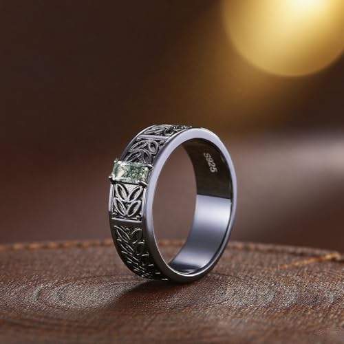 Natural Heart/Oval/Hexagon Moss Agate Couple Black Engagement Rings Set for Men and Women Matching Rings for Couples S925 Silver/10K/14K/18K Real Gold Vintage Vine Wedding Jewelry for His and Her（size 4-16）4