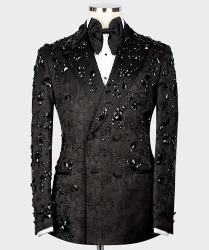 2 Pcs Men's Tuxedo Suits with Rhinestone Slim Shiny Jacquard Double Breasted Jacket Pants Set for Party,Dinner2