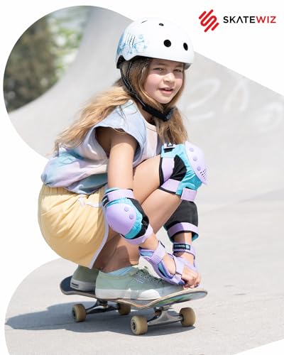 Image of SKATEWIZ Knee Pads Skateboarding Elbow Pads - Wrist Guards - Smash - Size M /L in Blue Purple - Kids Skate Pads - Skateboard Pads for Kids 8-14
