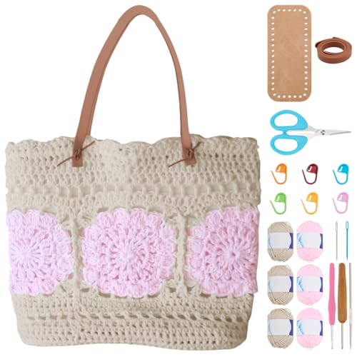 WEBEEDY Kit de bolsa de crochê quadrada de avó, kit de bolsa de crochê DIY com alça de couro PU e base para iniciantes, bolsa balde completa faça você mesmo para mulheres, presente de Natal feito à