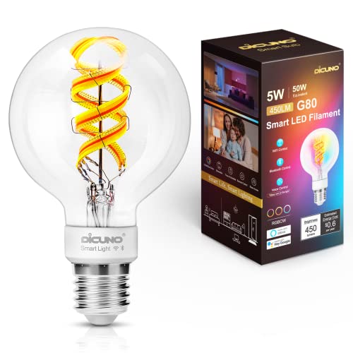 DiCUNO Smart vintage Glühbirne E27, 5W Filament G80 Edison, LED intelligente Birne 450lm, RGBCCT Dimmbar 2700-6500K, via APP steuerbar, kompatibel mit Alexa, Echo Dot, Google Home, 230V, 1er-Pack
