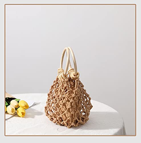 Bolso de mano tejido para mujer TONWHAR, elegante bolsa tote pequeña con asa redonda de madera para verano y playa miniatura 5