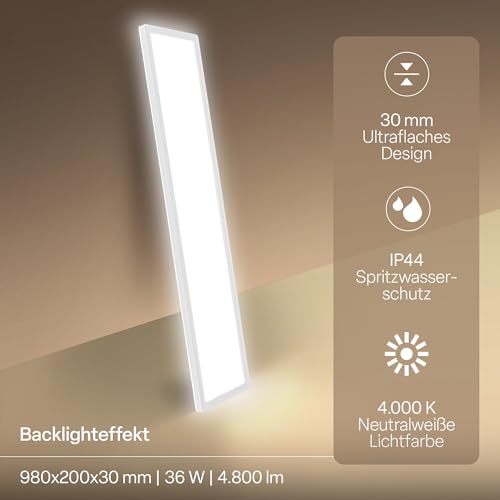 B.K.Licht - LED Deckenlampe mit indirektem Licht, Flach, Neutralweißes Licht, IP44, Panel, LED Lampe, Deckenleuchte, Badezimmer Lampe, Wohnzimmerlampe, Küchenlampe, 98x20x3cm, Weiß