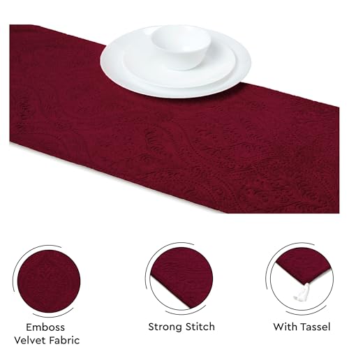Image of Encasa XO 4 to 6 Seater Dining Embossed Velvet Table Runner | Size 32x183 cm | Maroon Color with Premium Polyester - Machine Washable
