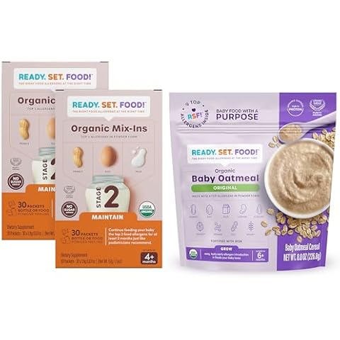 Ready, Set, Food! | Organic Mix-ins and Oatmeal Variety Pack | Stage 2 Mix-ins - 60 Days + Oatmeal Cereal, Original, 15 Servings| with 3 to 9 Top Allergens: Peanut, Egg, Milk and More Cover