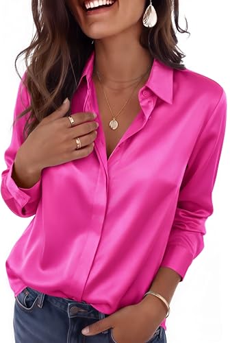 Chemisier en satin femme rose vif à manches longues pour sublimer la taille L