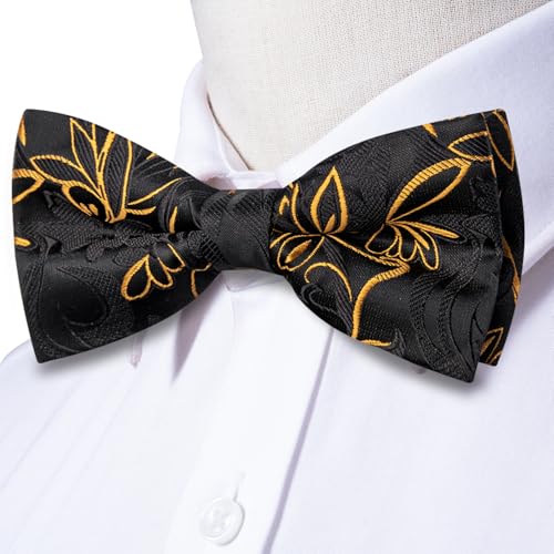 Image of Hi-Tie Black Gold Floral Bow Ties for Men Pocket Square Lapel Pins Cufflinks Mens Bowtie Sets for Wedding Formal Party