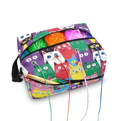 Image of Drnuikhe Colorful Cats Large Crochet Bag Knitting Bags and Totes Organizer, Large Capacity Yarn Storage for Knitting Needles, Crochet Hooks and Other Accessories