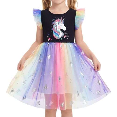 DivingBirds Vestidos de niña con volantes de unicornio de manga corta de algodón, vestido de tul, vestido de verano para niños pequeños, princesa, cumpleaños, fiesta, vestidos para niños para 3-8