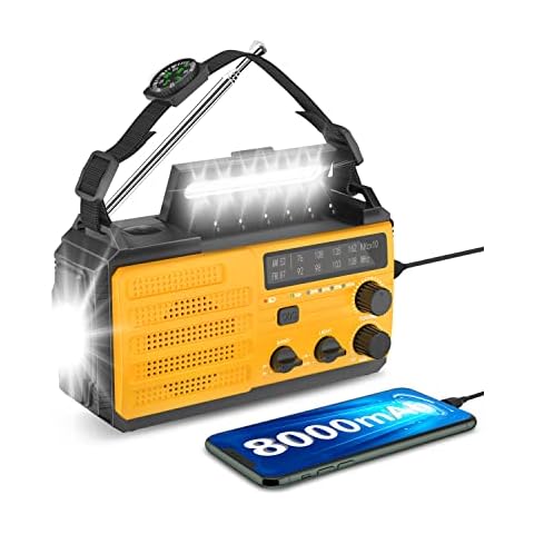 Greadio Solar Crank Radio, Portable Emergency AM/FM Radio, 8000 mAh Dynamo Radio with Super Torch & Reading Light, SOS Alarm, Compass, Head Connection, Type C Charging for Outdoor, Emergency, Camping Cover