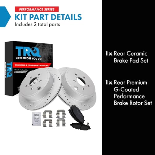 Image of TRQ Performance Rear Brake Pad and Rotor Set Ceramic Coated Drilled Slotted Rotors Compatible with 2010-2014 Subaru Legacy