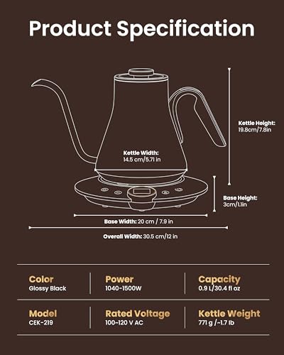 Image of INTASTING Gooseneck Electric Kettle, ±1℉ Temperature Control, Stainless Steel Inner, Quick Heating, for Pour Over Coffee, Brew Tea, Boil Hot Water, 1500W /0.9L (Glossy Black)
