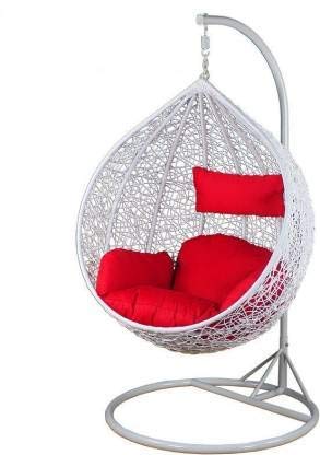 Pratham India Single Seater Swing Chair with Stand & Cushion & Hook Outdoor/Indoor/Balcony/Garden/Patio/Home Improvement (Red & White, Standard)