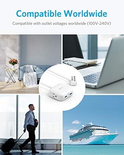 Anker PowerPort Strip 2 mini in various travel scenarios, indicating its compatibility with worldwide voltages (100V-240V) and suitability for cruise ships.