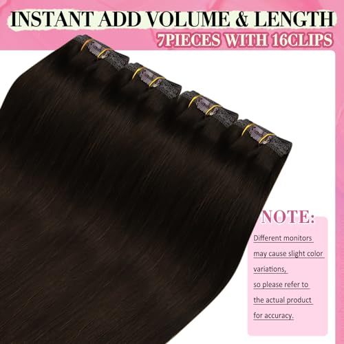 Image of YoungSee Dark Brown Clip in Hair Extensions 120g Straight Real Hair Extensions Clip in Human Hair Darkest Brown, Easy Application Hair Clip ins Extensions for Natural Look 18Inch 7Pcs