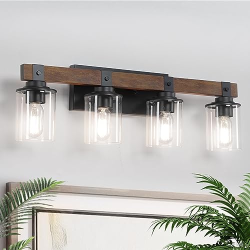 4-Light Farmhouse Bathroom Vanity Lights, DAKAIDA Wood Vanity Lights for Bathroom, with Clear Glass Shade, Rustic Metal Sconces Wall Lighting for Bathroom Bedroom Livingroom Hallway Kitchen 4-Light Farmhouse Bathroom Vanity Lights, DAKAIDA Wood Vanity Lights for Bathroom, with Clear Glass Shade, Rustic Metal Sconces Wall Lighting for Bathroom Bedroom Livingroom Hallway Kitchen