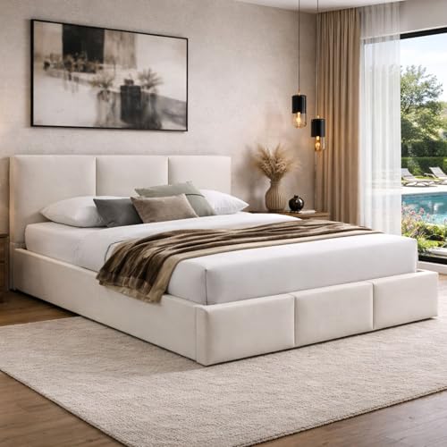 Home Collective Cama tapizada para cama de matrimonio de 160 x 200 cm, terciopelo beige con somier de láminas de metal y espacio de almacenamiento con cajón hidráulico