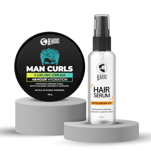 Image of Beardo Men's Curl & Shine Duo: Man Curls Curling Cream (100g) & Hair Serum (50ml) - Professional Frizz-Free Styling, Enhanced Shine & Defined Curls (Set of 2)