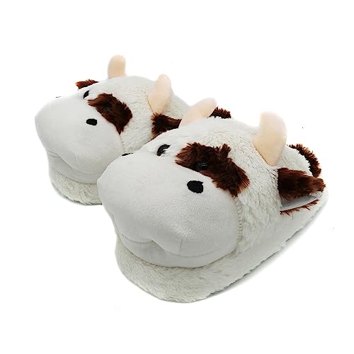 Onmygogo Fuzzy Animal Plush Slippers for Women and Men, Winter Indoor Home Scuff Slippers for Adult 7-9 Cow