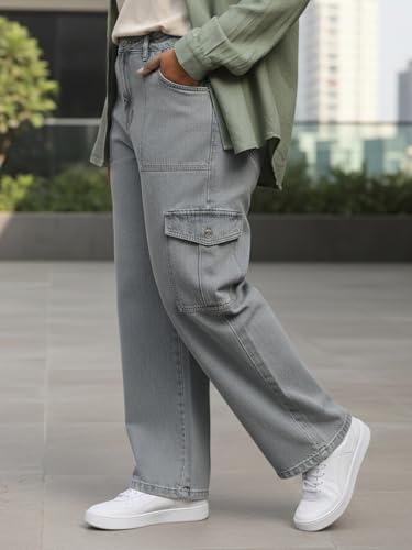Image of Urbano Plus Men Mid Rise Loose Baggy Fit Cargo Jeans with 6 Pockets Non-Stretchable