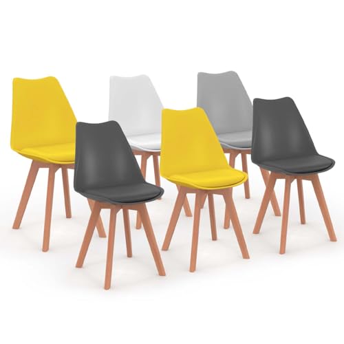 IDMarket - Lot de 6 chaises scandinaves SARA Mix Color Gris Clair, Blanc, Gris foncé x2, Jaune x2