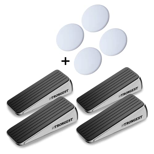 Image of STRONGEST HOME Stoppers for Bottom of Door - Heavy Duty Metal Rubber Door Stopper, Non-Slip Door Stop for Heavy Doors, Works on Wood, Tile & Carpet Floors Wedge Chrome 4 PCs + 4 White Wall Protectors