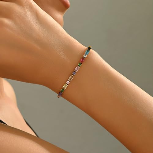 18K Gold Plated Multi-Color Classic Tennis Bracelet for Women Dainty Color 3mm Rainbow Cubic Zirconia Bracelet Adjustable CZ Gold Bracelets Trendy Summer Jewelry Gift4