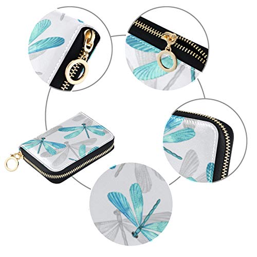 MOYYO RFID Credit Card Holder Case Watercolor Blue Dragonfly Leather Printed Zipper Card Case Wallet for Women Girls3