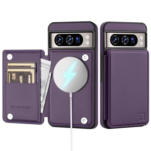 SkyEagle for Google Pixel 8 Pro Wallet Case with Card Holder Compatible with Magsafe Kickstand RFID Blocking Flip Cover Credit Card Slots PU Leather Men Women Phone Case for Pixel 8 Pro 6.7 Purple