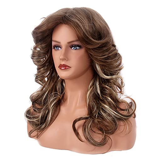 REEWES 70's Farrah Fawcett Wig for Women Lady Natural Synthetic Full Wigs Vintage Cosplay Costume Disco Feathered Hair (Brown Highlight) - Image 4