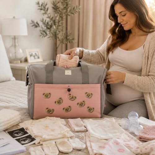 Image of Winnies Baby Bag for Mother Travel /Diaper Bag for New Born Baby with Light Weight and Portable Design | Tote Hospital Bag for Mom Sling Backpack Lugguage Maternity Handbags (Pink-Grey)