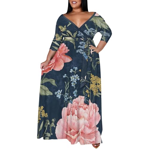 Image of SUZONANA Women's Plus Size Maxi Dresses Casual Loose Short Sleeve Long Maxi Dress with Belt Wedding