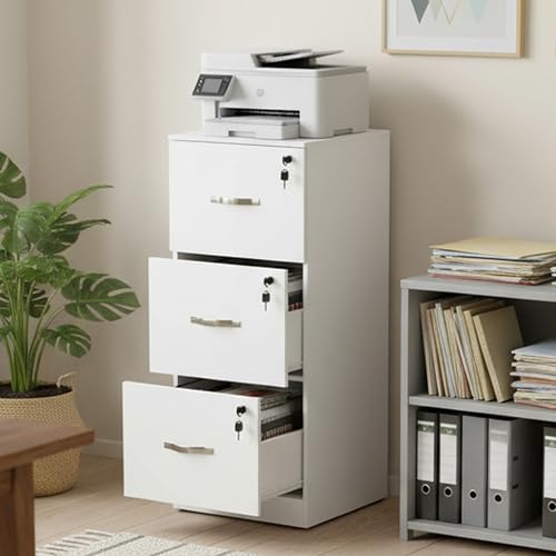 buybyroom Caisson de Rangement, Meuble Bureau 3 Tiroirs, Verrouillable Armoire Meuble de Rangement Bureau 103.5 cm Hauteur pour Dossiers Suspendus, Papier...