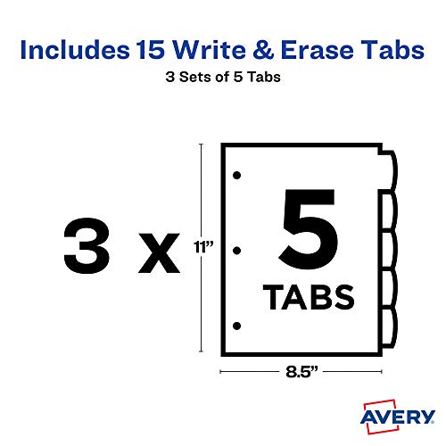 Image of Avery Write & Erase Plastic Dividers, 5-Tab, Multicolor, 3 Sets | For Organizing Files at Home Work and School, Reusable Write-On Tabs, Tear-Resistant Body, 1.5x More Writing Space