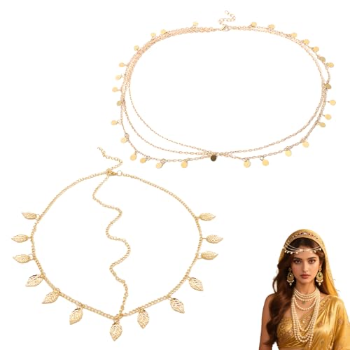2 Pcs Chaînes de Tête de Déesse Dorée, Chaîne de Tête Bohème à Paillettes Dorées avec Pampilles Chaîne de Front Superposée Accessoires de Cheveux...