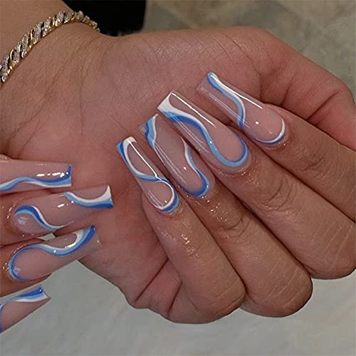 French Fake Nail,Langer glänzender Sarg Press on Nails,Blaue und Weiße Stromlinie Stream Vollständige Abdeckung Acryl…