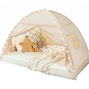 Toddler bed Tent Canopy: Lights & Flags Indoor Floor Bed Kids Tent PlayHouse – Portable & Foldable Twin Bunk bed Curtains – Large Size Girls & Boys House Bedroom Privacy Space Sleeping Tents Gifts