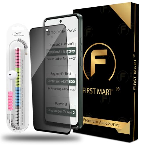 Image of FIRST MART Privacy Tempered Glass for Motorola G67 Power & G57 Power with Cable Guard & Installation Kit | Anti-Spy 9H Screen Protector, Edge-to-Edge, Case-Friendly | Black