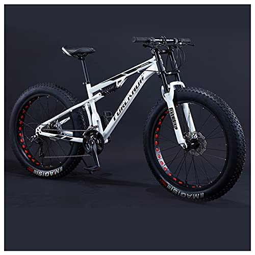 REOTEL Bicicleta Montaña para Adulto Hombre Mujer 26 Pulgadas de 3 y 5 Radio Neumático Gordo MTB Profesional Doble Freno Disco Ciclismo BTT Doble Suspensión Marco Acero Carbono,White Spoke,21 Speed