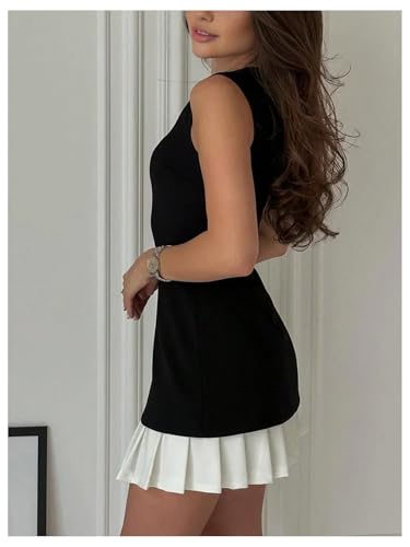 GORGLITTER Women's Color Block Pleated Mini Dress Ruffle Sleeveless Crewneck Business Work Bodycon Bubble Dress2