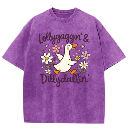 Oiiaayy Oversized Cute Duck Shirts for Women Flower Kawaii Cartoon Graphic Tees Funny Letter Print Vintage Acid WashTops(Purple M)