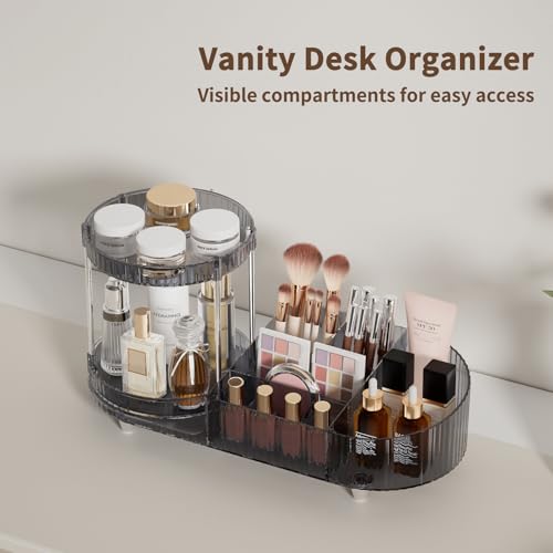 Image of Makeup Organizer Countertop for Vanity, 360 Rotating Perfume Tray with 5-compartment Cosmetic and Skincare Organizers, Multi-Purpose Desk Storage Makeup Brush Holder for Bathroom Bedroom Counter